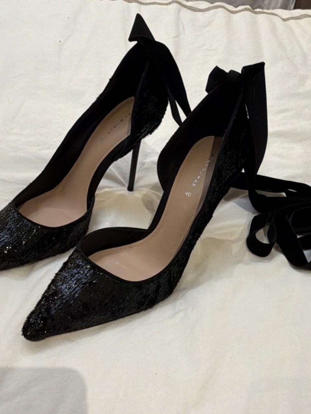 ZARA WOMAN Black Glitter Pointed Toe Stiletto Ankle Wrap Tie Pumps EU 40 US 9
